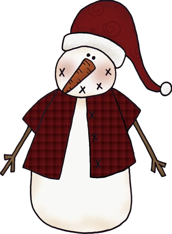 Cheerful snowman wearing a red Santa hat, plaid vest, and carrot nose with stitched facial features.