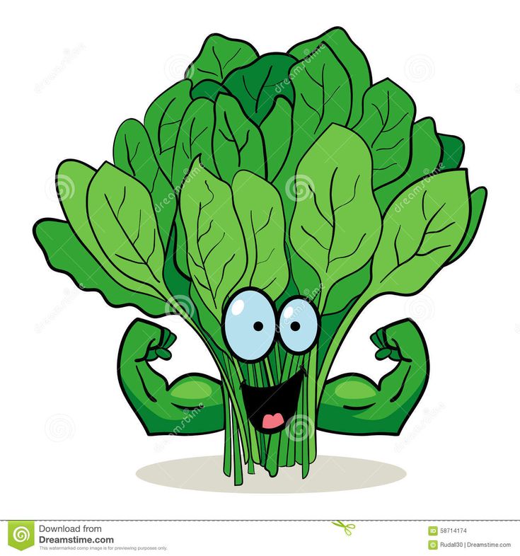 A cheerful, muscular cartoon spinach character with big eyes and flexed arms, symbolizing strength and health.