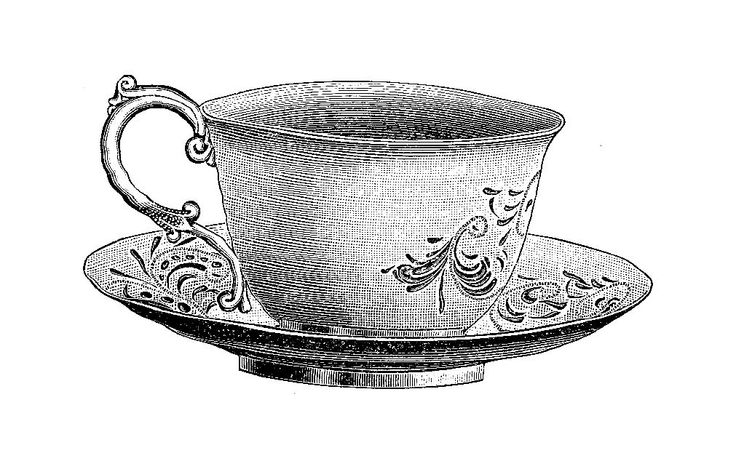 Vintage ornate teacup and saucer with intricate floral engraving, rendered in fine-line black-and-white illustration style.