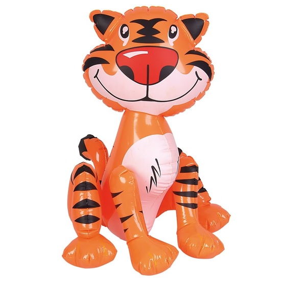 Inflatable orange tiger toy with black stripes, smiling face, and seated pose on white background.