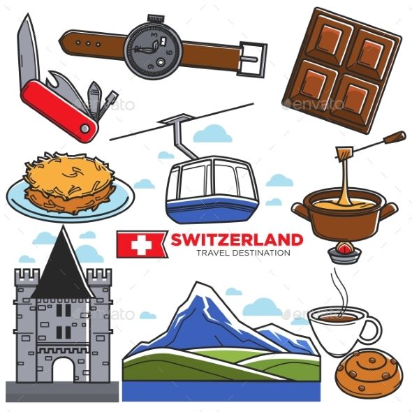 Icon set representing Swiss travel highlights: Alps, cable car, fondue, chocolate, watch, castle, and traditional food.