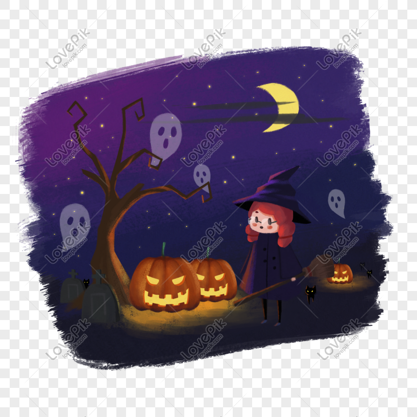 A cute witch with red hair stands beside glowing jack-o'-lanterns under a starry night sky with ghosts, a crescent moon, and a spooky tree.