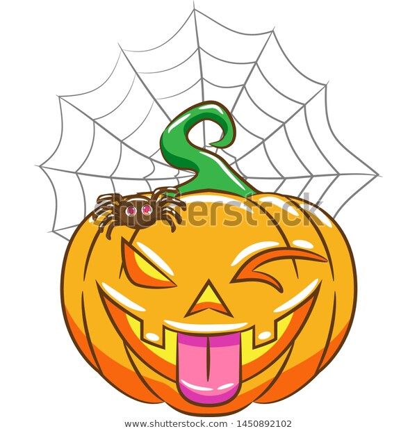 Playful cartoon jack-o'-lantern with winking eye, tongue out, spider on top, and spiderweb background.