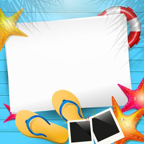 Summer-themed blank photo frame with flip-flops, starfish, lifebuoy, and Polaroid prints on blue wooden background.