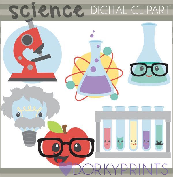 Cute science-themed digital clipart including microscope, beaker, test tubes, apple, and scientist character.