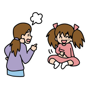 A woman scolds a smiling girl sitting on the floor, with a thought bubble above the woman’s head.