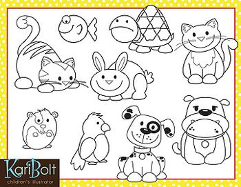 Black-and-white line drawings of nine cute animals including cat, dog, rabbit, turtle, fish, hamster, parrot, and hippo for coloring.