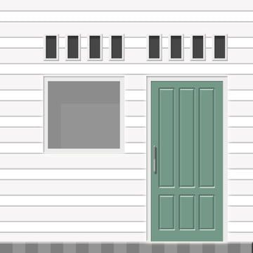 A minimalist white house facade with horizontal siding, a sage green paneled door, a square window, and two rows of small transom windows.