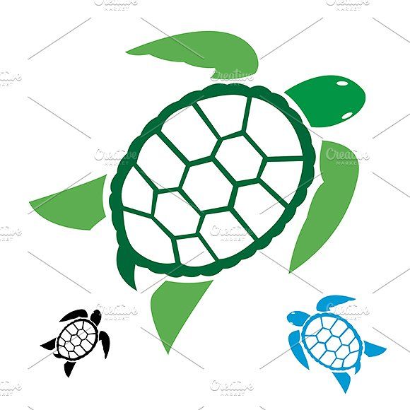 Green sea turtle vector illustration with smaller black and blue variants on white background.