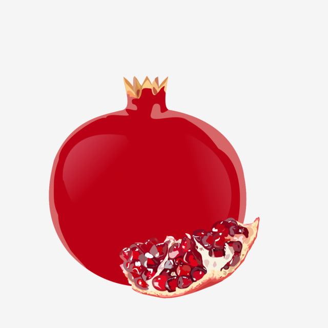 Vibrant red pomegranate with a cut slice revealing juicy arils and golden crown.
