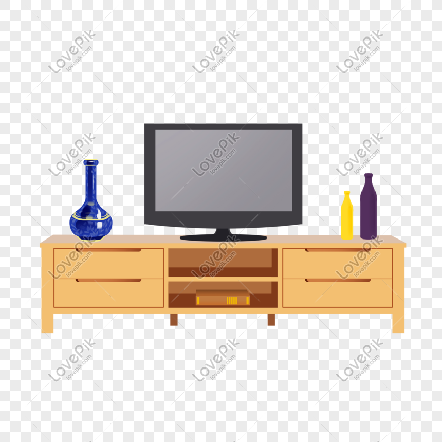 Wooden TV stand with flat-screen TV, blue vase, yellow bottle, and purple bottle on a checkered background.