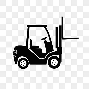 Black silhouette of a forklift with raised forks on transparent background.