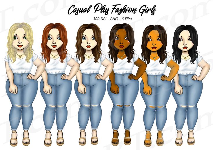 Six diverse fashion girl illustrations in white tops and ripped jeans, casual plus-size style, 300 DPI PNG files.