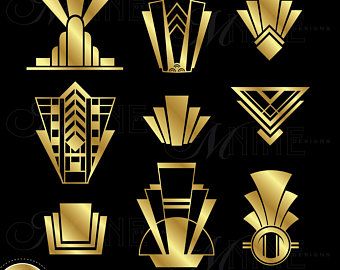Nine golden Art Deco-style geometric logos arranged on a black background, featuring symmetrical fan, zigzag, and stepped motifs.