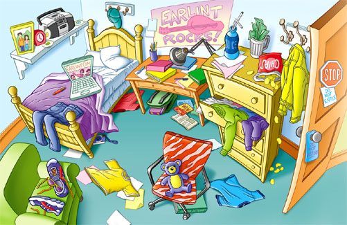 A cartoon-style messy teenager’s bedroom with scattered clothes, books, toys, and a laptop on the bed.