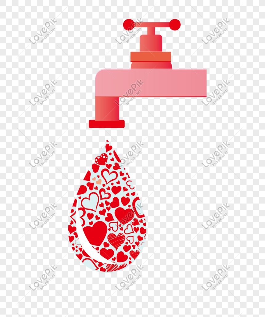 Red faucet dripping a waterdrop filled with hearts, symbolizing love or blood donation.