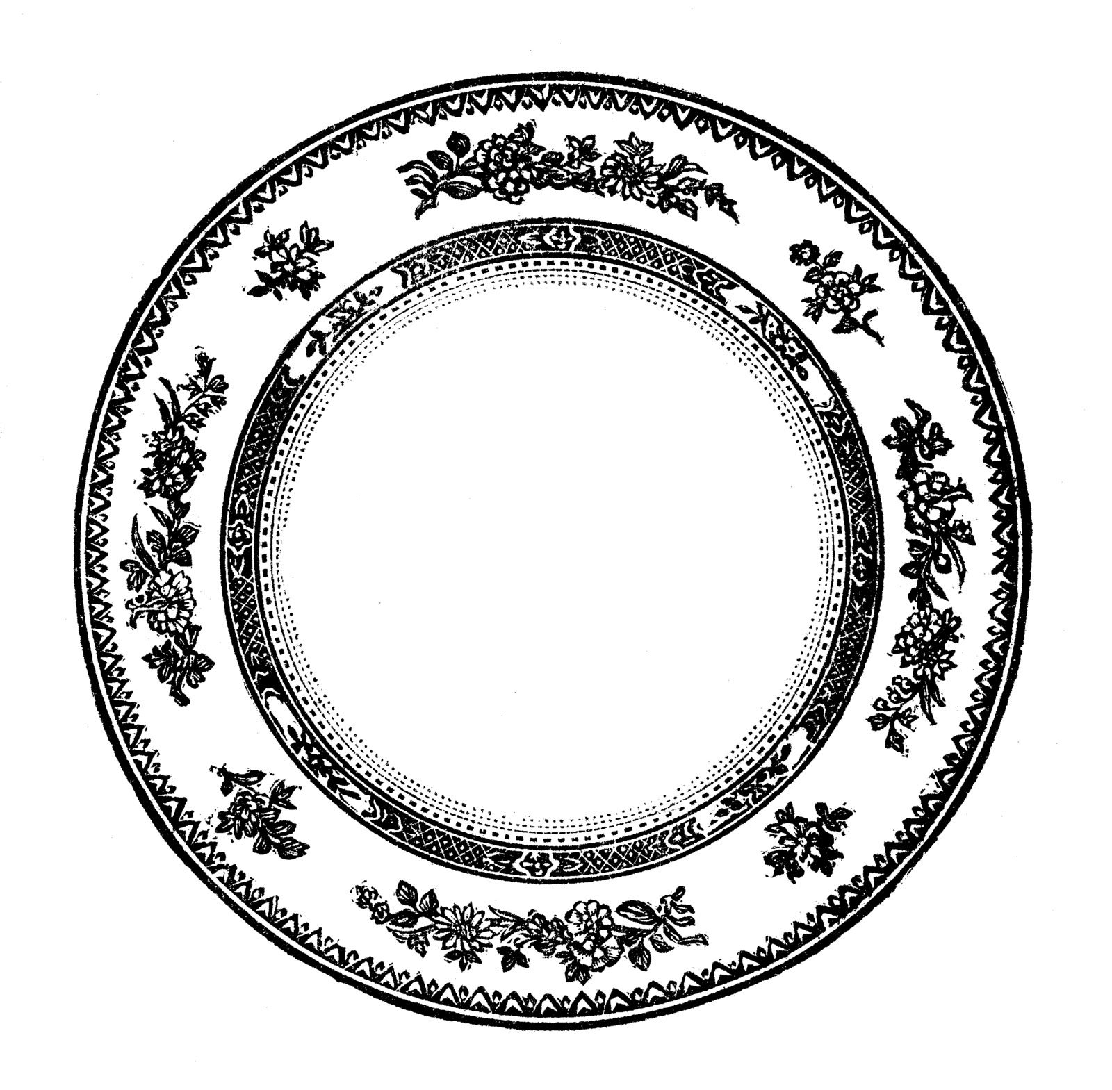 Vintage black-and-white ornamental plate design with floral motifs and geometric borders.