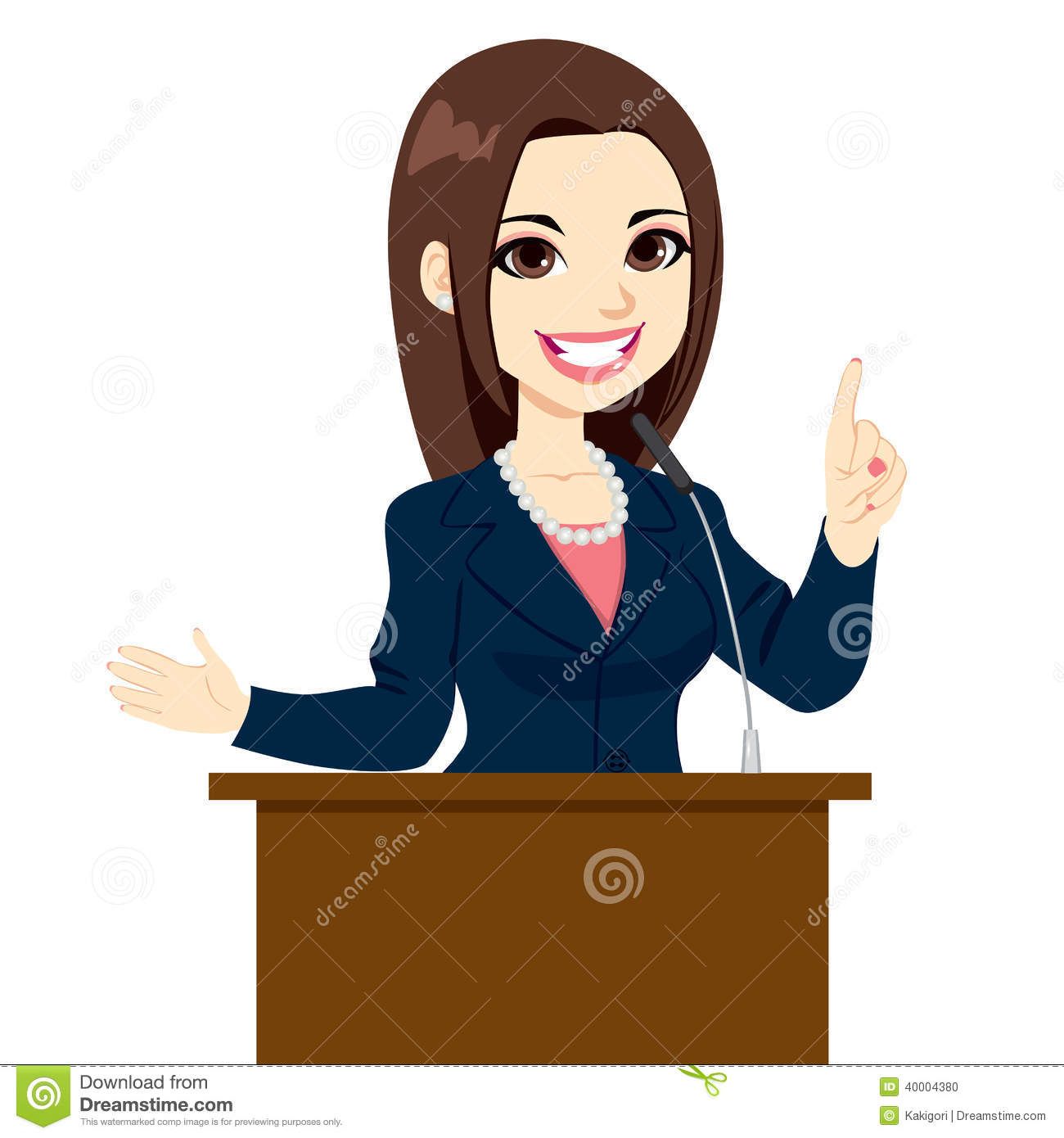Professional woman speaking at a podium with microphone, gesturing confidently.