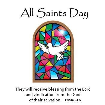 Stained-glass window with white dove flying through colorful geometric panes, labeled "All Saints Day" and Psalm 24:5.