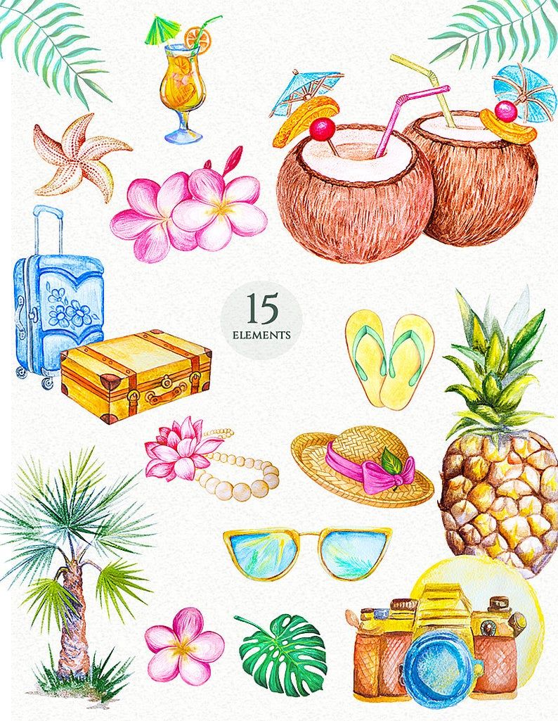 Watercolor illustration of 15 tropical vacation elements including coconuts, pineapple, palm tree, suitcase, sunglasses, and flowers.