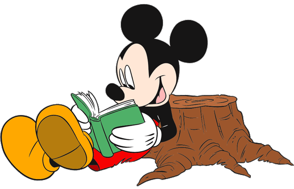 Mickey Mouse sitting on a tree stump, smiling while reading a green book.