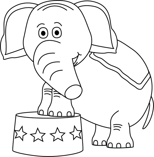 Cartoon elephant standing on a star-decorated circus pedestal, smiling with large ears and trunk curled upward.