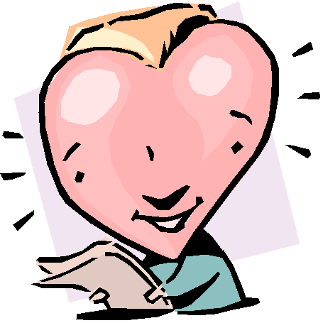 Smiling cartoon character with heart-shaped head holding a book, radiating joy and love for reading.