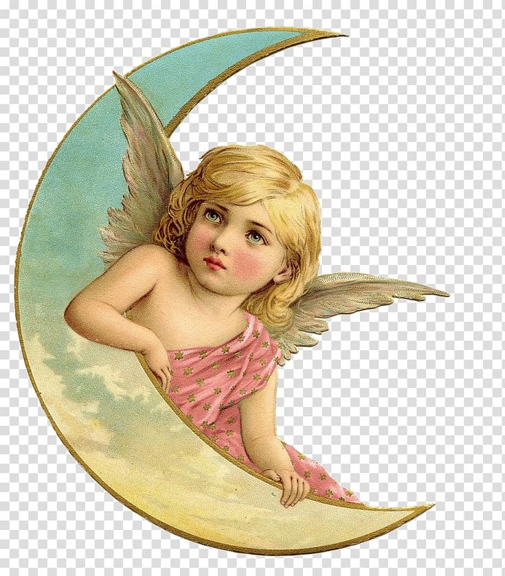 Vintage cherub with golden wings resting on a crescent moon, wearing a pink star-patterned gown.