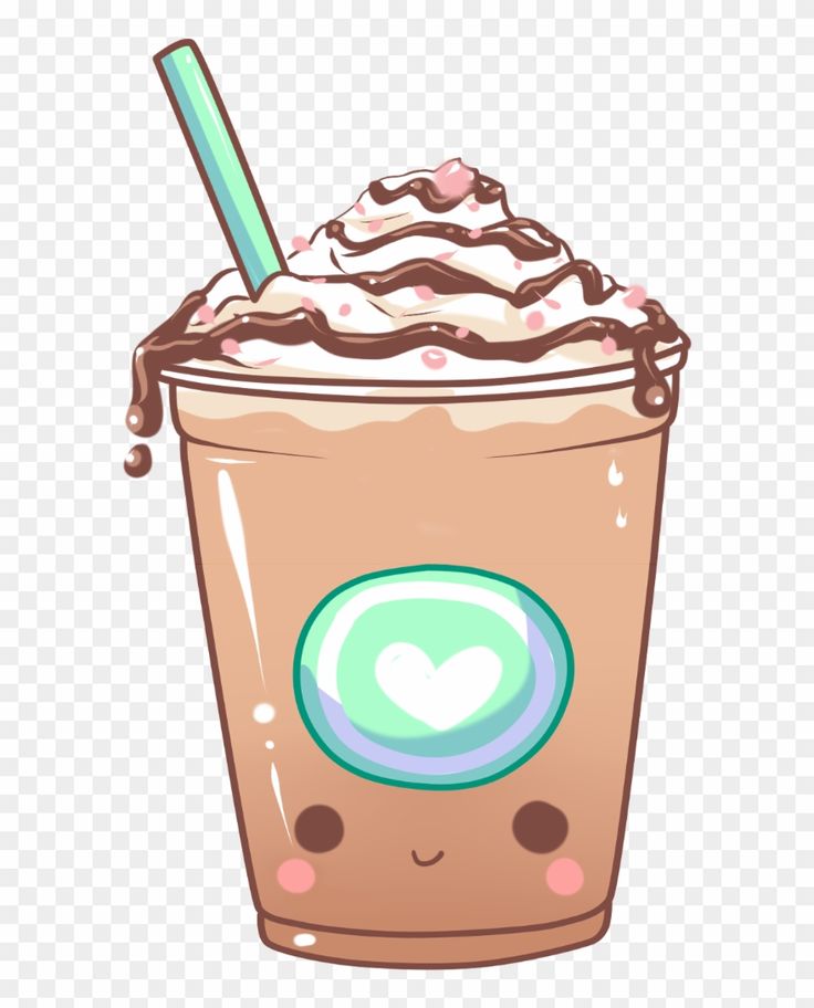 Cute kawaii-style chocolate frappuccino with whipped cream, chocolate drizzle, pink sprinkles, and a smiling face on the cup.