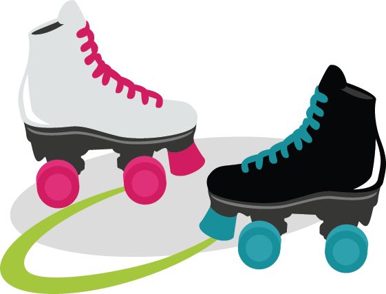 White and black roller skates with pink and teal laces on a green swoosh background.