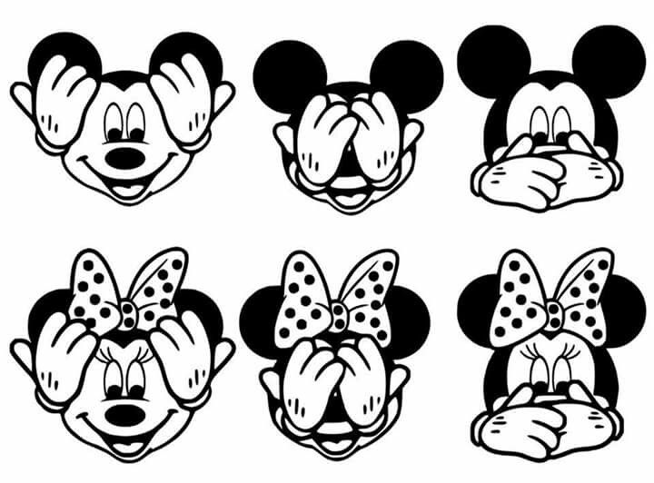 Mickey and Minnie Mouse in six expressive poses: see-no-evil, hear-no-evil, speak-no-evil.