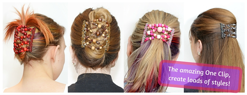 Four back-view hairstyles featuring decorative one-clip hair accessories with beads and gems in red, earthy, pink, and silver tones.