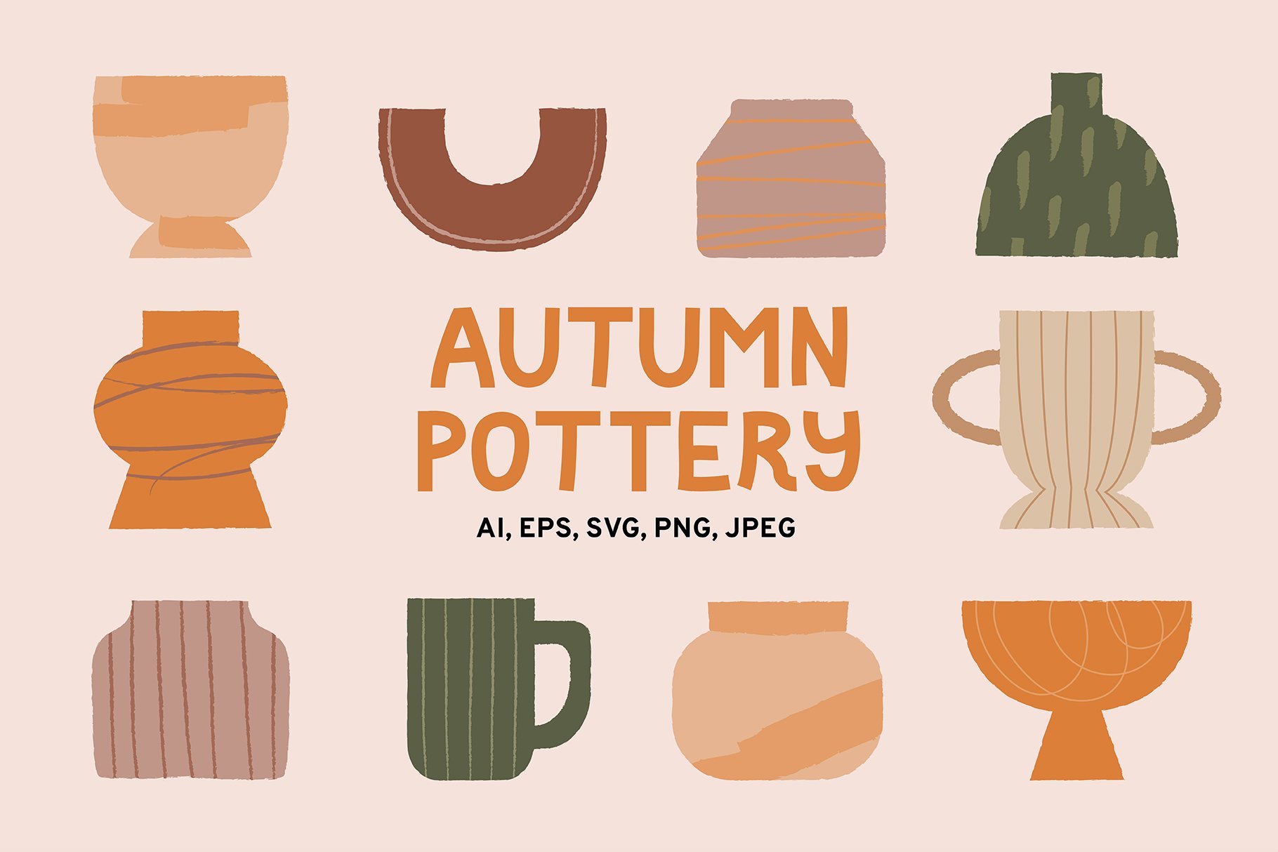 Autumn-themed pottery illustrations in warm earth tones, including vases, mugs, and bowls with textured patterns.