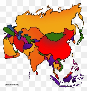 Color-coded political map of Asia showing countries in distinct hues for regional differentiation.