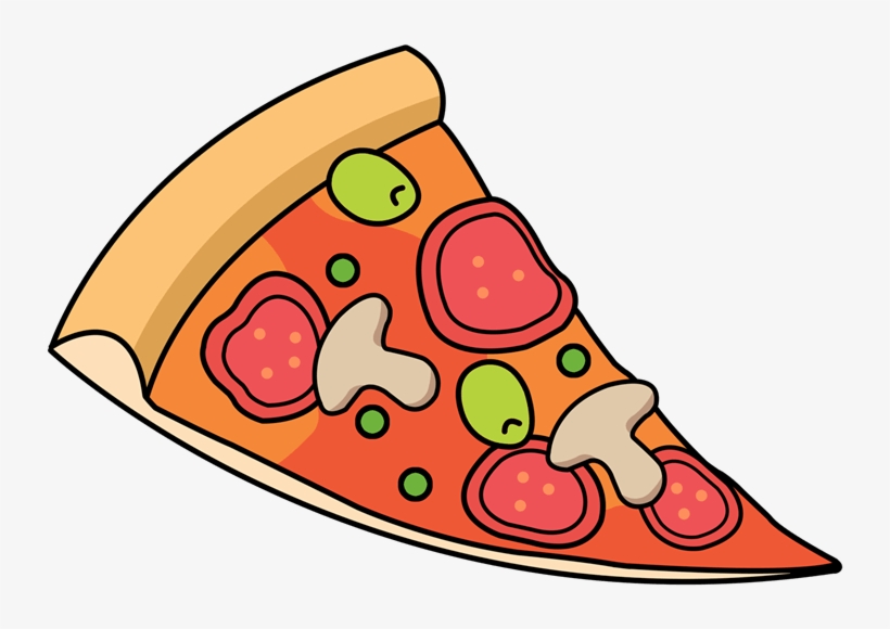 Cartoon-style pizza slice with pepperoni, mushrooms, green olives, and tomato sauce on a golden crust.