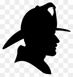 Silhouette of a firefighter in profile wearing a traditional helmet with brim and badge.