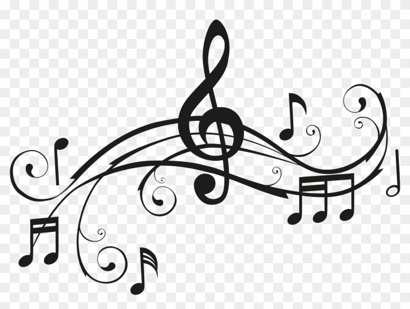 Elegant black-and-white musical staff design with treble clef, notes, and ornamental swirls on transparent background.