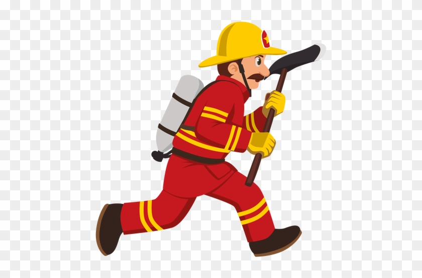 Cartoon firefighter in red uniform running with axe and oxygen tank on back.