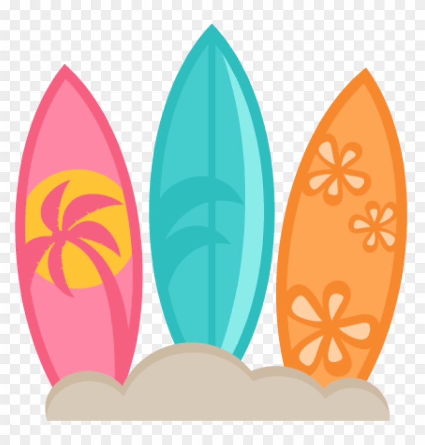 Three colorful surfboards-pink with palm tree, teal, and orange with flowers-planted in sand against a transparent background.