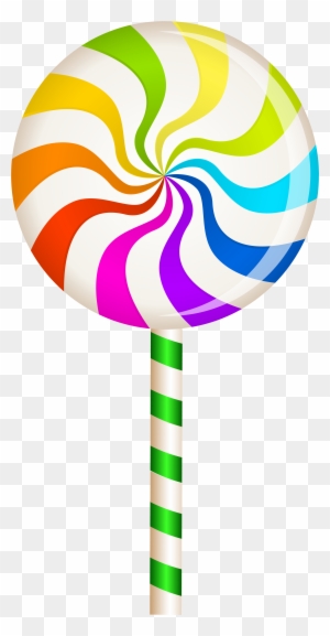Vibrant rainbow swirl lollipop with green-and-white striped stick on transparent background.