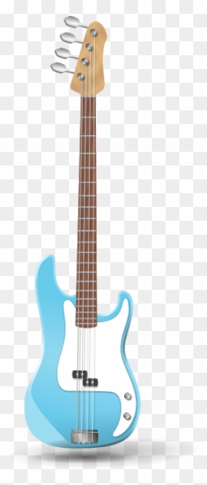 Light blue electric bass guitar with white pickguard, maple neck, and four strings on transparent background.