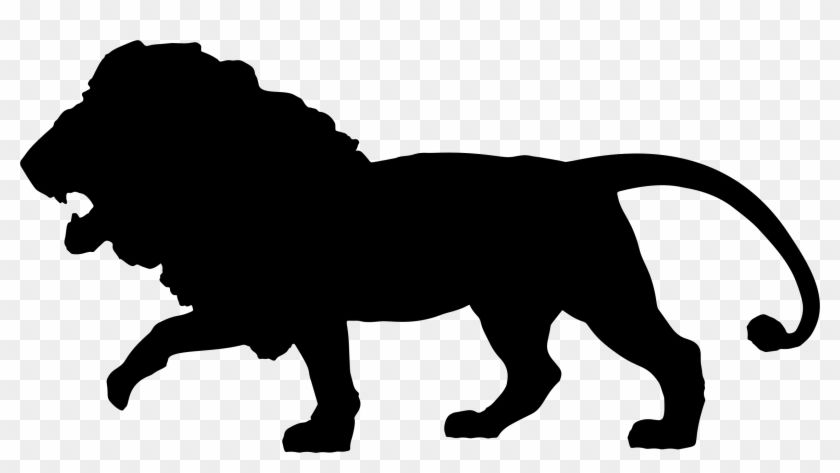 Black silhouette of a roaring male lion walking left to right, detailed mane and tail curl visible.
