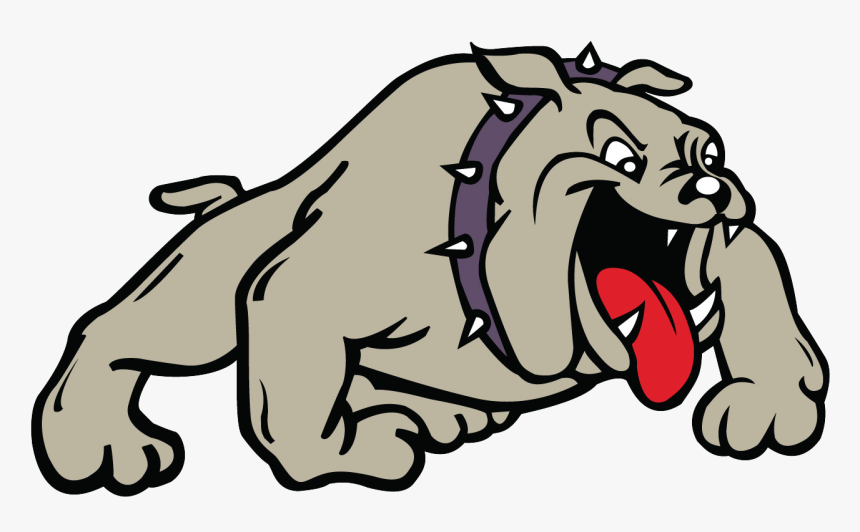 Fierce cartoon bulldog mascot wearing spiked purple collar, snarling with tongue out and sharp teeth visible.