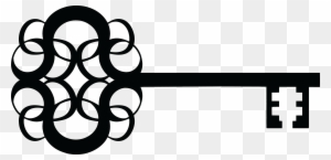 Ornate black key icon with interlocking circular bow design on transparent background.