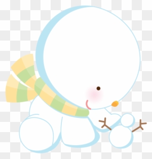 Cute cartoon snowman with striped scarf, rosy cheeks, and twig arms, sitting on transparent background.