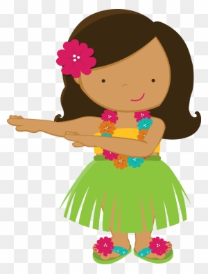 Cartoon girl in hula outfit with flower lei, headband, and grass skirt performing dance pose.