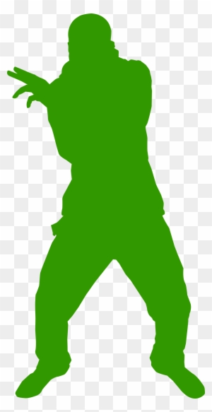 Green silhouette of a person in a dynamic action pose, possibly dancing or gesturing, on transparent background.