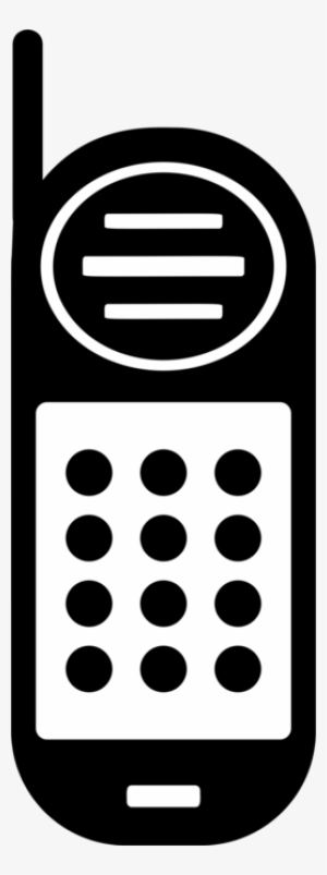 Black-and-white icon of a vintage mobile phone with antenna, speaker grille, and numeric keypad.