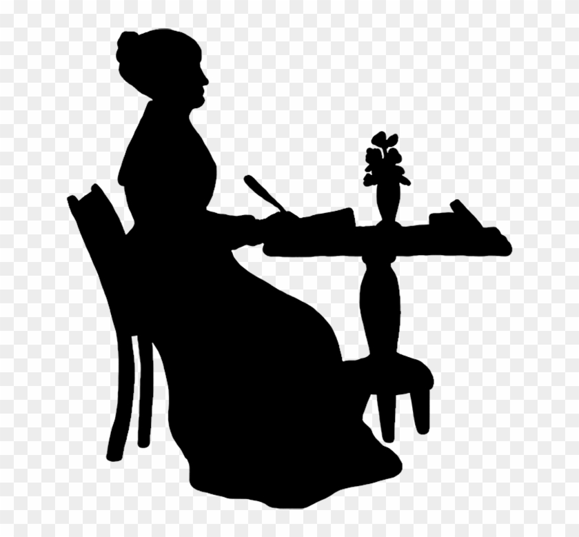 Silhouette of a woman in period dress seated at a table writing, with a vase of flowers beside her.