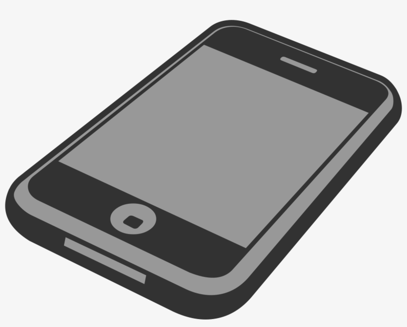 Gray-scale illustration of a classic smartphone with home button and rounded edges, shown at an angle.